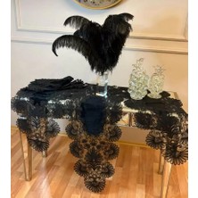 7 Parça Siyah Çeyizlik Palmiye Model Keten Runner Seti Masa Örtüsü Salon Takımı