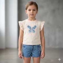 Almira Anne Bebek Kız Çocuk Kelebek Baskılı- Incili- Yandan Bağcıklı- Tişört- Incili Kot Şort Takım
