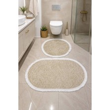 2’li Banyo Halısı Seti Saçaklı Oval Dekoratif Banyo Halısı