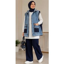 Hopeful Design Kadın Yelek Denim Fermuarlı Kapüşonlu Cepli Lacivert