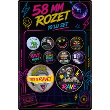 Mashspot Rave Retro Rozet Seti 10'lu – Elektronik Müzik, Neon ve Festival Temalı Rozet