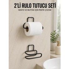 2’li Yapışkanlı Tuvalet Kağıdı Tutucu Siyah Metal Duvar Tipi Rulo Kağıtlık Midastech