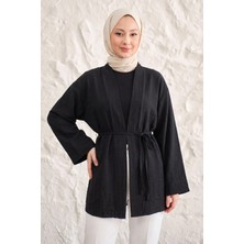 Modestim Önü Bağlamalı Kimono Tesettür Tunik Siyah Oversize Yeni Sezon Rahat Kalıp Önü Baglamalı Tesettür Tunik