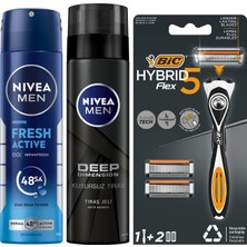 1001 Erkek Sprey Deodorant Fresh Active 150ML + Tıraş Jeli Deep Dimension 200ML + Bıc Hybrid 5 Flex Erk