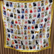 Nes Design Beyaz Kedi Desenli Eğlenceli Fular (70X70)