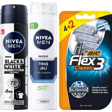 1001 Erkek Sprey Deodorant Black&white Invisible Original 150ML + Tıraş Jeli 200 ml + Bıc Flex 3 Erkek