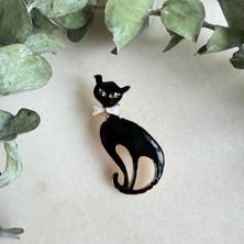 Nes Design Beyaz Papyonlu Siyah Kedi Broş