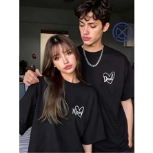 Mondschein Mom Dad Baskılı Sevgili Kombini Çift Tişört Oversize Unisex Minimal Romantik Çift Kombin Seti