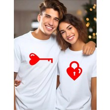 Mondschein Sevgili Kombini Kalp Anahtar Baskılı Çift Tişört Oversize Unisex Romantik Çift Kombin Seti