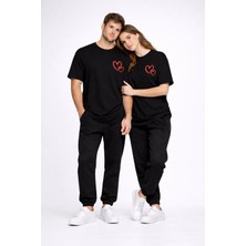 Mondschein Sevgili Kombini Kalp Baskılı Oversize Çift Tişört Unisex Uyumlu Partner Kombin Seti