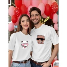 Mondschein Sevgili Kombini Çift Tişört Panda Baskılı Oversize Unisex Çift Kombin Sevimli Çift Tişört Seti
