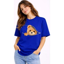 Mondschein Fermuarlı Ayıcık Baskılı Kadın Tişört Oversize Sevimli Teddy Bear Baskılı Pamuk T-Shirt