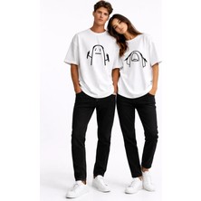 Mondschein Saç Yolma Temalı Çift Kombini Oversize Unisex Tişört Sevgili Tişörtü Beyaz