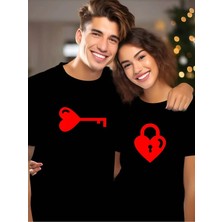 Mondschein Sevgili Kombini Kalp Anahtar Baskılı Çift Tişört Oversize Unisex Romantik Çift Kombin Seti
