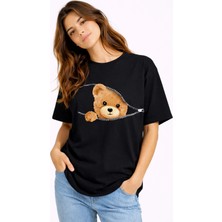 Mondschein Fermuarlı Ayıcık Baskılı Kadın Tişört Oversize Sevimli Teddy Bear Baskılı Pamuk T-Shirt