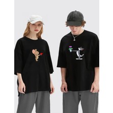Mondschein Unisex Kadın Erkek Tom ve Jerry Baskılı Sevgili Çift Kombini Tasarım Oversize T-Shirt 2'li Set