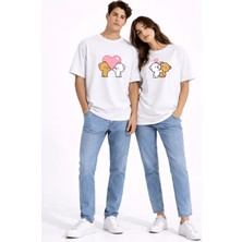 Mondschein Sevgili Kombini Ayıcık Kalp Baskılı Çift Tişört Oversize Unisex Partner Kombin Seti
