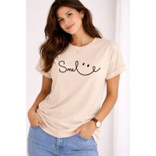 Mondschein Unisex Tişört Smile Baskılı Basic Oversize Günlük Rahat %100