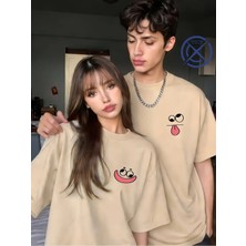 Mondschein Sevgili Kombini Tişört 2’li Set Unisex Minimal Yüz Baskılı Çift Tişört %100 Pamuk
