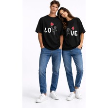 Mondschein Sevgili Kombini Love Baskılı Çift Tişört Oversize Unisex Partner Kombin Seti