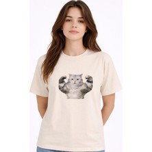 Mondschein Kadın Tişört Baskılı Kedi Desenli Basic Günlük Rahat %100 Pamuk