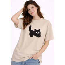 Mondschein Unisex Oversize Tişört Kedi Baskılı Minimal Tasarım %100 Pamuk