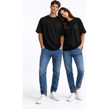 Mondschein Sevgili Kombini Ateş Su Minimal Çift Tişört Oversize Unisex Partner Kombin Seti