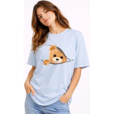 Mondschein Fermuarlı Ayıcık Baskılı Kadın Tişört Oversize Sevimli Teddy Bear Baskılı Pamuk T-Shirt
