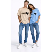 Mondschein Sevgili Kombini Kalp Ritmi Baskılı Çift Tişört Oversize Unisex Partner Kombin Çift Seti