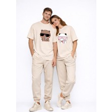 Mondschein Sevgili Kombini Panda Bardak Baskılı Çift Tişört Oversize Unisex Partner Kombin Çift Seti Hediye