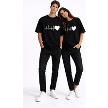 Mondschein Sevgili Kombini Kalp Ritmi Baskılı Çift Tişört Oversize Unisex Partner Kombin Çift Seti