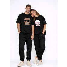 Mondschein Sevgili Kombini Panda Bardak Baskılı Çift Tişört Oversize Unisex Partner Kombin Çift Seti Hediye