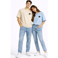 Mondschein Sevgili Kombini Minimal Uzay Gezegen Baskılı Çift Tişört Oversize Unisex Partner Tişört 2'li Set