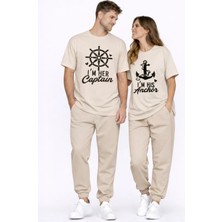 Mondschein Sevgili Kombini Oversize Çift Tişört Unisex Captain Anchor Baskılı Matching Couple Partner 2'li Set