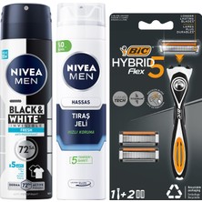 1001 Erkek Sprey Deodorant Black&white Invisible Fresh 150 ml + Tıraş Jeli 200 ml + Bıc Hybrid 5 Flex E