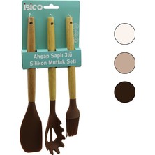Tuğraçelik Ibico İ22-007 3 Parça Renkli Silikon Ahşap Saplı Mutfak Seti- 12'li Paket