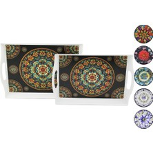 Tuğraçelik Mennur Home MNR-139 2'li Set Dikdörtgen Lotus Tepsi (Kulplu, Renkli Desenli)- 12'li Paket