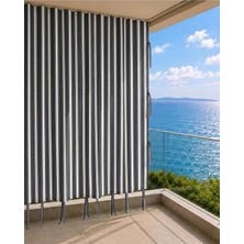Lurexa Gri Beyazçizgili Lüks Su Geçirmez Kornişli Bağcıklı Balkon Perdesi Branda