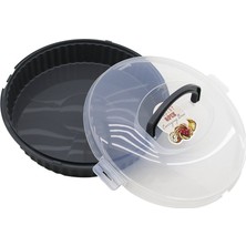 Tuğraçelik Qlux L-00653-2 Vista Yuvarlak Pasta ve Börek Kabı Fanus - Antrasit Gri Kap, Şeffaf Kilitli Taşıma Kulplu Kapak- 6'li Paket