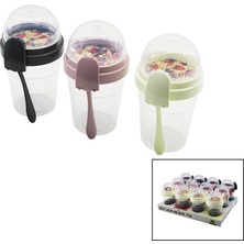 Tuğraçelik Qlux L-00812 To Go Container Müsli ve Yoğurt Kabı 600 ml - 2 Bölmeli Şeffaf Ortak Kapaklı, Plastik Kaşıklı- 24'li Paket