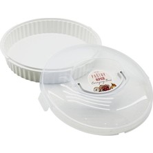 Tuğraçelik Qlux L-00653-3 Yuvarlak Pasta ve Börek Kabı Fanus - Beyaz, Şeffaf Kilitli Taşıma Kulplu Kapak- 6'li Paket