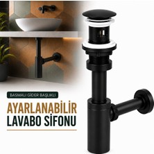 Badem10 Mat Siyah Ayarlanabilir Lavabo Evye Eviye Sifonu Pop Up Basmalı Gider Başlıklı Banyo Gider Seti