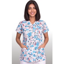 Deniz İş Kadın V Yaka Yarasa Kol Diş Desenli Beyaz Terycotton Kumaş Doktor Hemşire Scrubs Forma Tek Üst