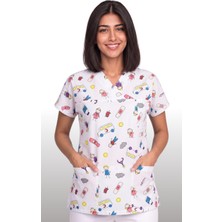 Deniz İş Kadın V Yaka Yarasa Kol Çocuk Acil Desenli Beyaz Terycotton Kumaş Doktor Hemşire Scrubs Tek Üst