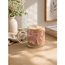 Kitcheva Kurdele Cam Kupa Bardak 400 ml Pembe Fiyonk Desenli Zarif Cam Kupa Bardak Şeffaf Çay Kahve Kupası Estetik Tasarım