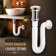Badem10 Popup Seramik Bas Aç Lavabo Sifonu Beyaz Gider Hortumu Koku Önleyici Körüklü Boru Zamak Somunlu