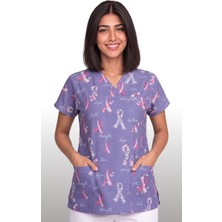 Deniz İş Kadın V Yaka Yarasa Kol Kurdele Desenli Lila Terycotton Kumaş Doktor Hemşire Scrubs Forma Tek Üst