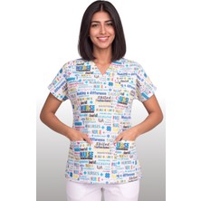 Deniz İş Kadın V Yaka Yarasa Kol Nurse Yazılı Beyaz Terycotton Kumaş Doktor Hemşire Scrubs Forma Tek Üst