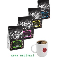 Anisah Coffee Kupa Hediyeli Çekirdek Filtre Kahve Seti | 4x250gr | Guatemala, Ethiopia, Colombia, Brasil