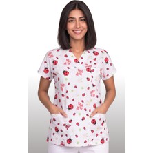 Deniz İş Kadın V Yaka Yarasa Kol Uğur Böceği Desenli Beyaz Terycotton Kumaş Doktor Hemşire Scrubs Tek Üst